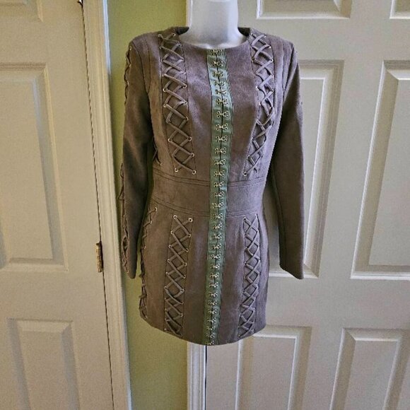 House of CB London Gray Suede Mini Tomasaa Lace-Up Dress Size Small - Picture 2 of 14